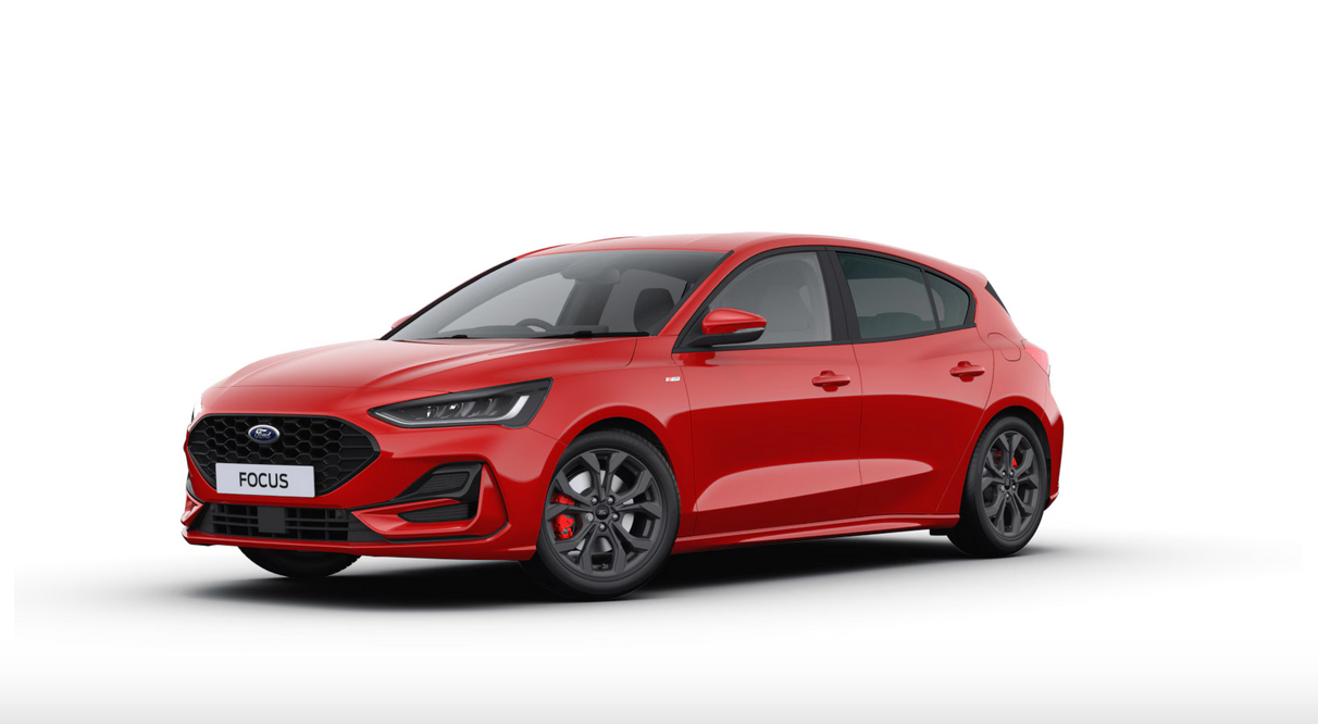 Ford Focus ST-Line MHEV in race red — front three-quarter view