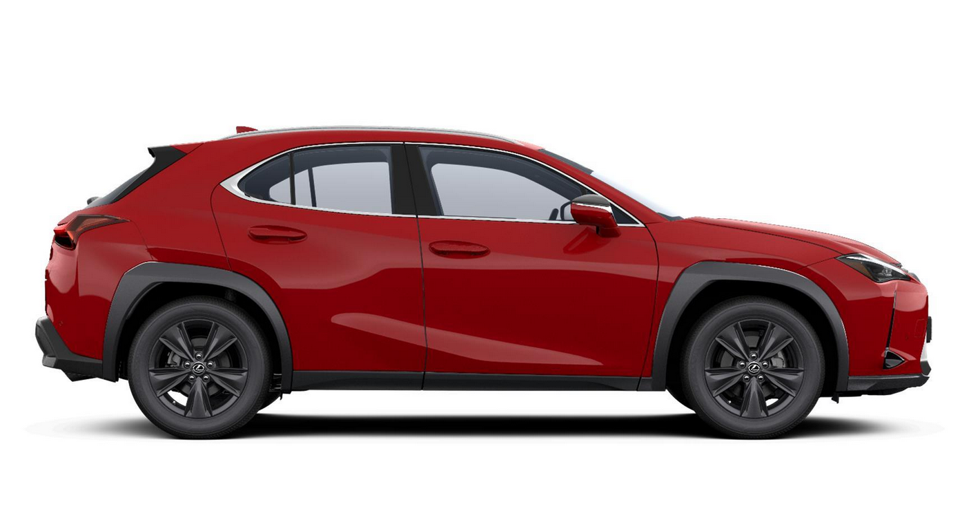 Lexus UX 300h premium hybrid in fuji red right side